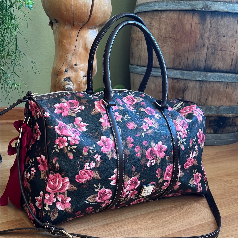 Dooney & Bourke - Black Cabbage Rose Duffle Travel Weekend Bag - Large - Picture 2 of 16